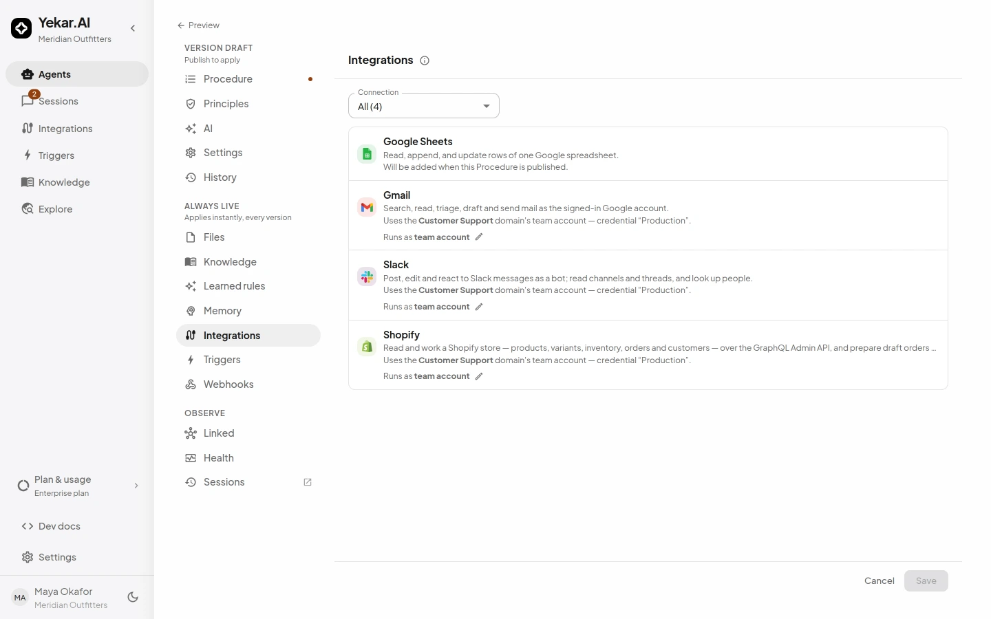 An agent's integrations: each bound tool and whose account its calls run as