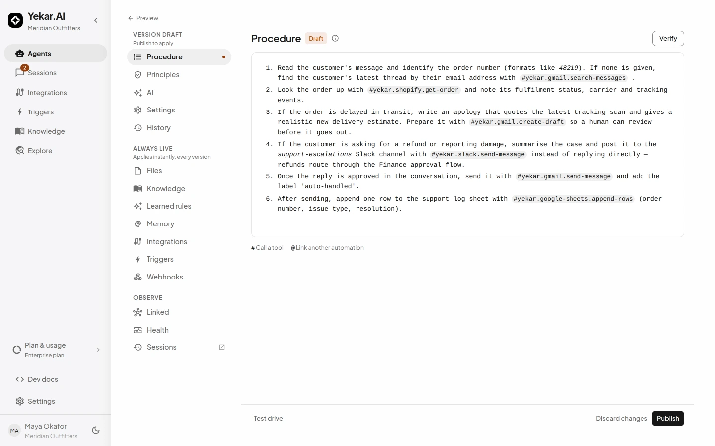 The Setup panel: an ordered procedure written in plain language, with its tool references inline