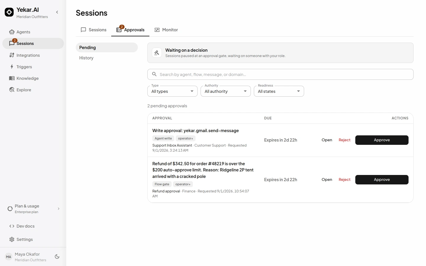 The approvals queue: each waiting decision with the exact call that will run