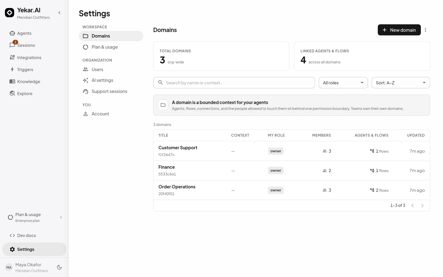 The Domains settings tab: each domain with its members, agents and your role
