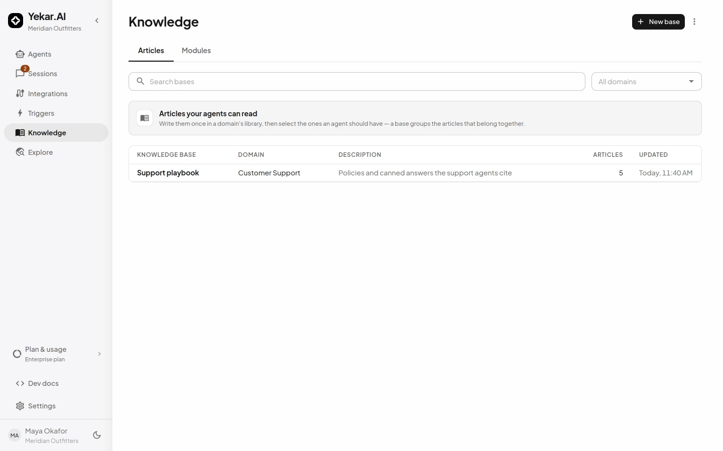 Organization knowledge: the domain's knowledge bases and their articles