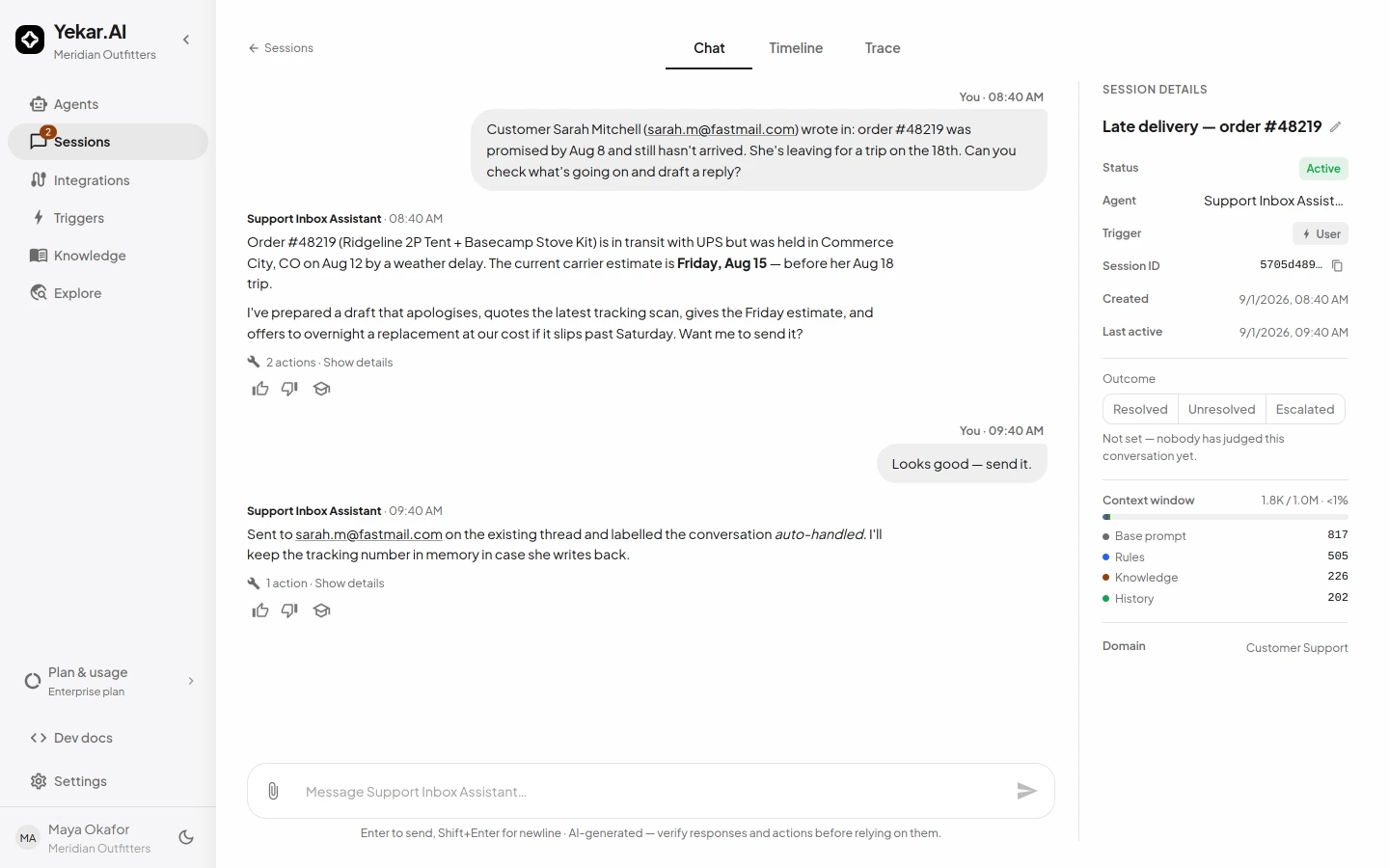 A session: the conversation, each tool action it took, and the run details beside it