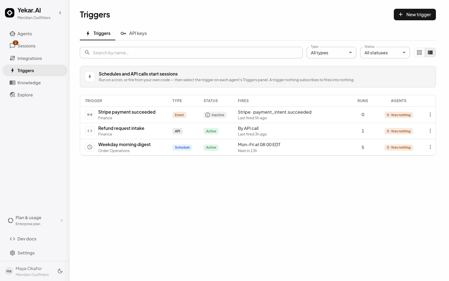 The Triggers list: schedules, API triggers and event triggers side by side